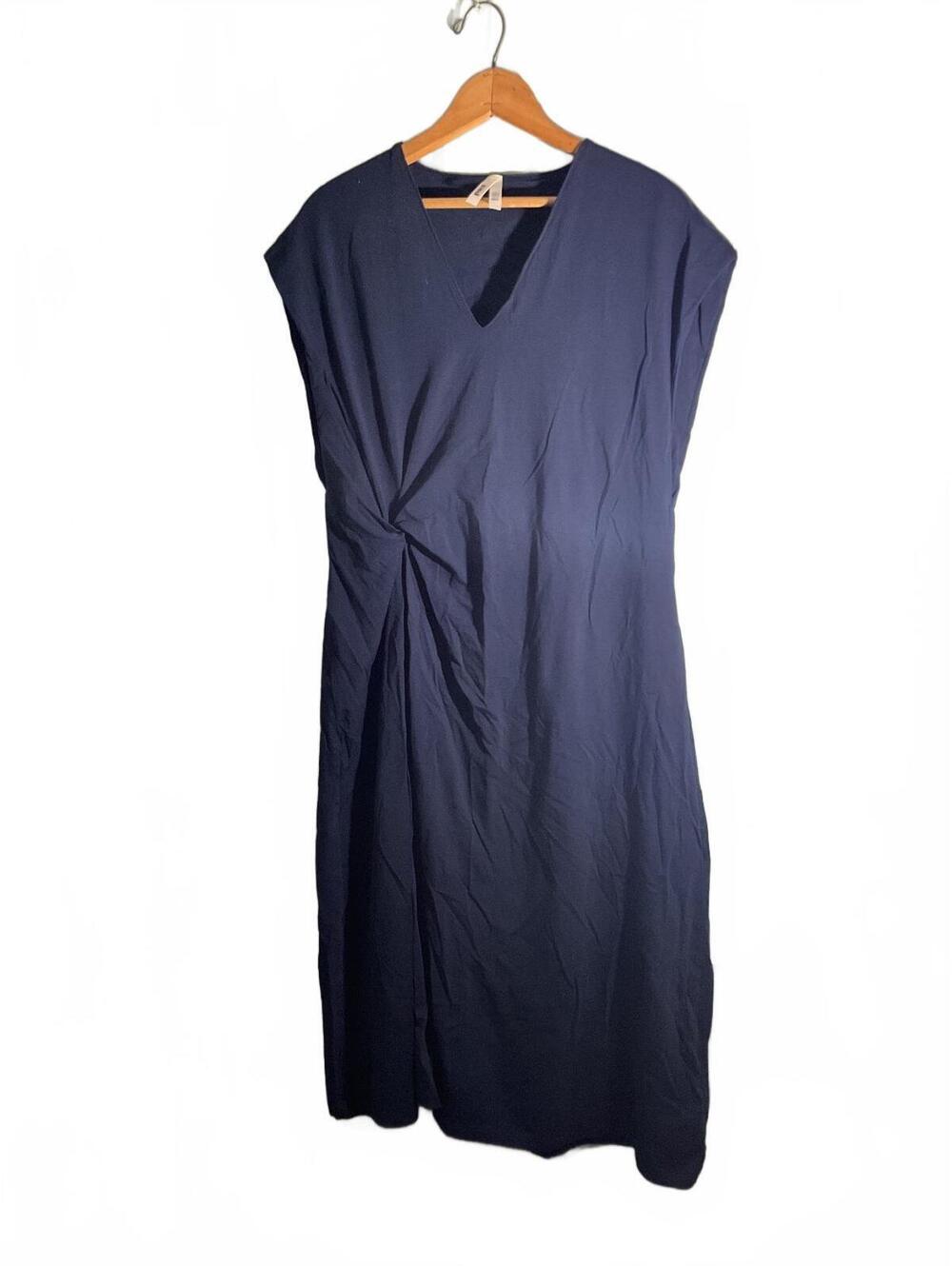 Pact Navy Blue V-Neck Organic Cotton Midi Dress with Twist Detail, Size XL